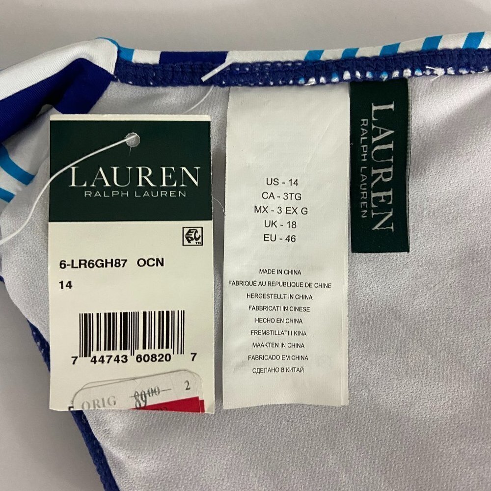 Ralph Lauren Striped Ring-Front Halter Bikini Top Blue & White Stripes Sz 14 NWT - Picture 7 of 9